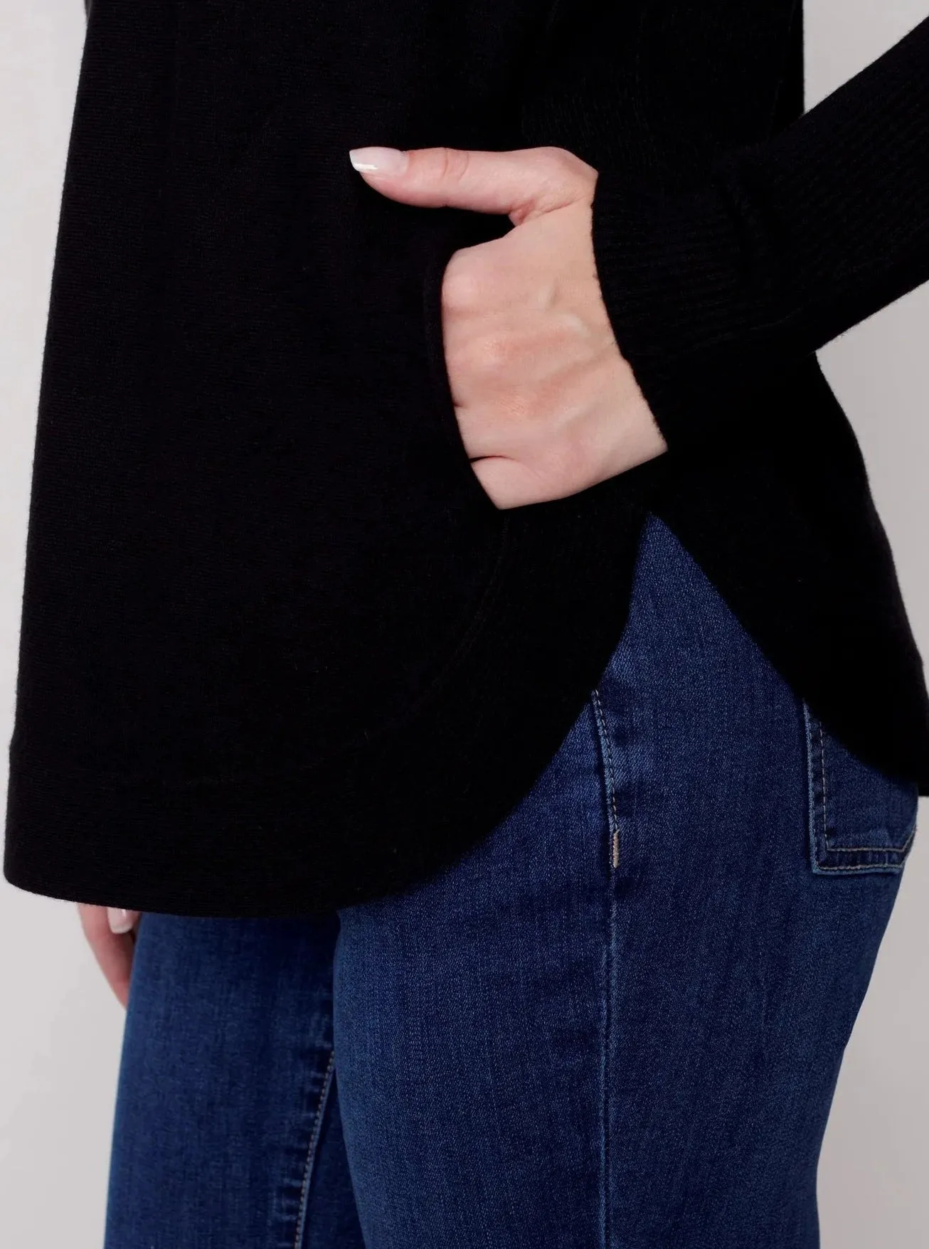 Long Sleeve Sweater With Black Eyelet Detail [Black-C2170Y]