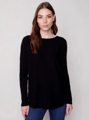Long Sleeve Sweater With Black Eyelet Detail [Black-C2170Y]