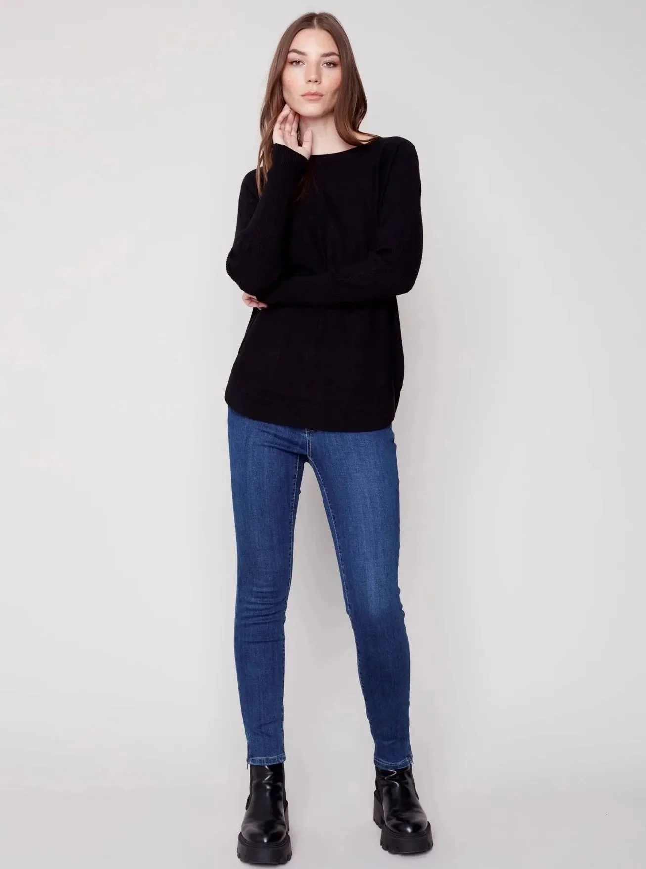 Long Sleeve Sweater With Black Eyelet Detail [Black-C2170Y]
