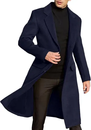Maiyifu-GJ Men's Single Breasted Wool Blend Pea Coat Winter Thick Slim Fit Trench Coats Long Warm Classic Business Coat