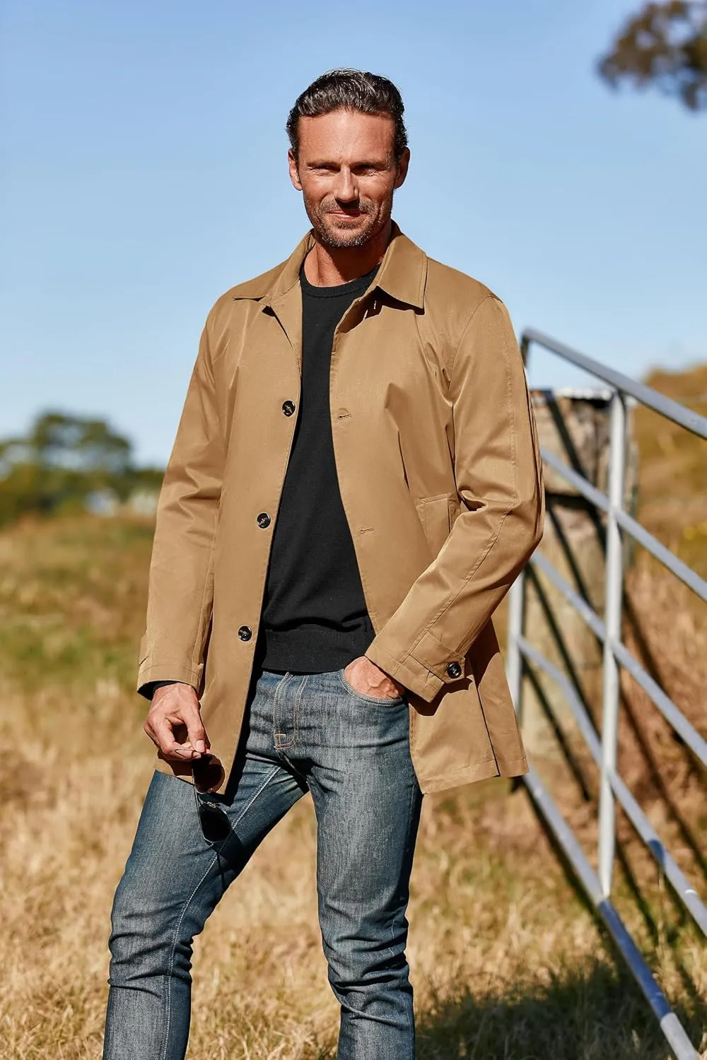 Makkrom Mens Trench Coat Single Breasted Casual Spread Collar Windbreak Jacket Long Classic Business Overcoat
