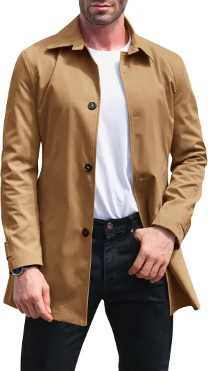 Makkrom Mens Trench Coat Single Breasted Casual Spread Collar Windbreak Jacket Long Classic Business Overcoat
