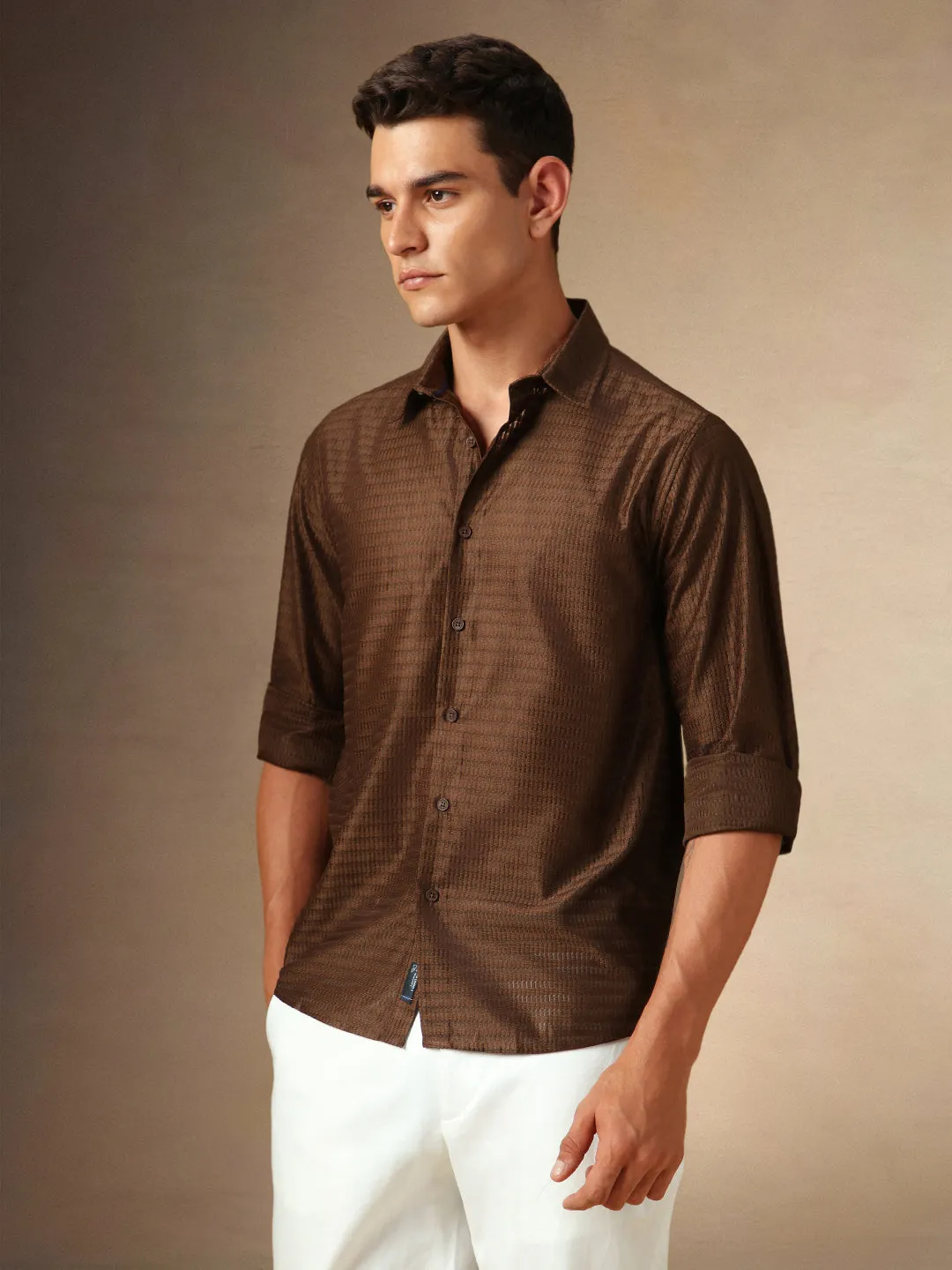 Men's Brown Textured Spread Collar Full Sleeves Casual Shirt