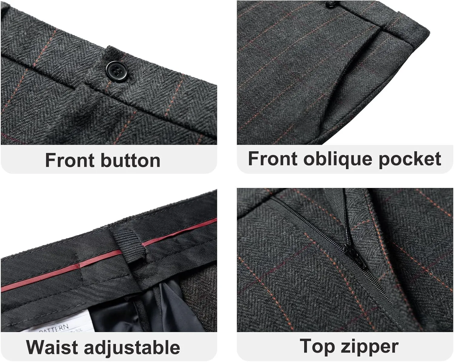 Men's Dress Pants Tweed Plaid Classic Fit Siut Separates Slim Stylish Wool Casual Business Suit Pants