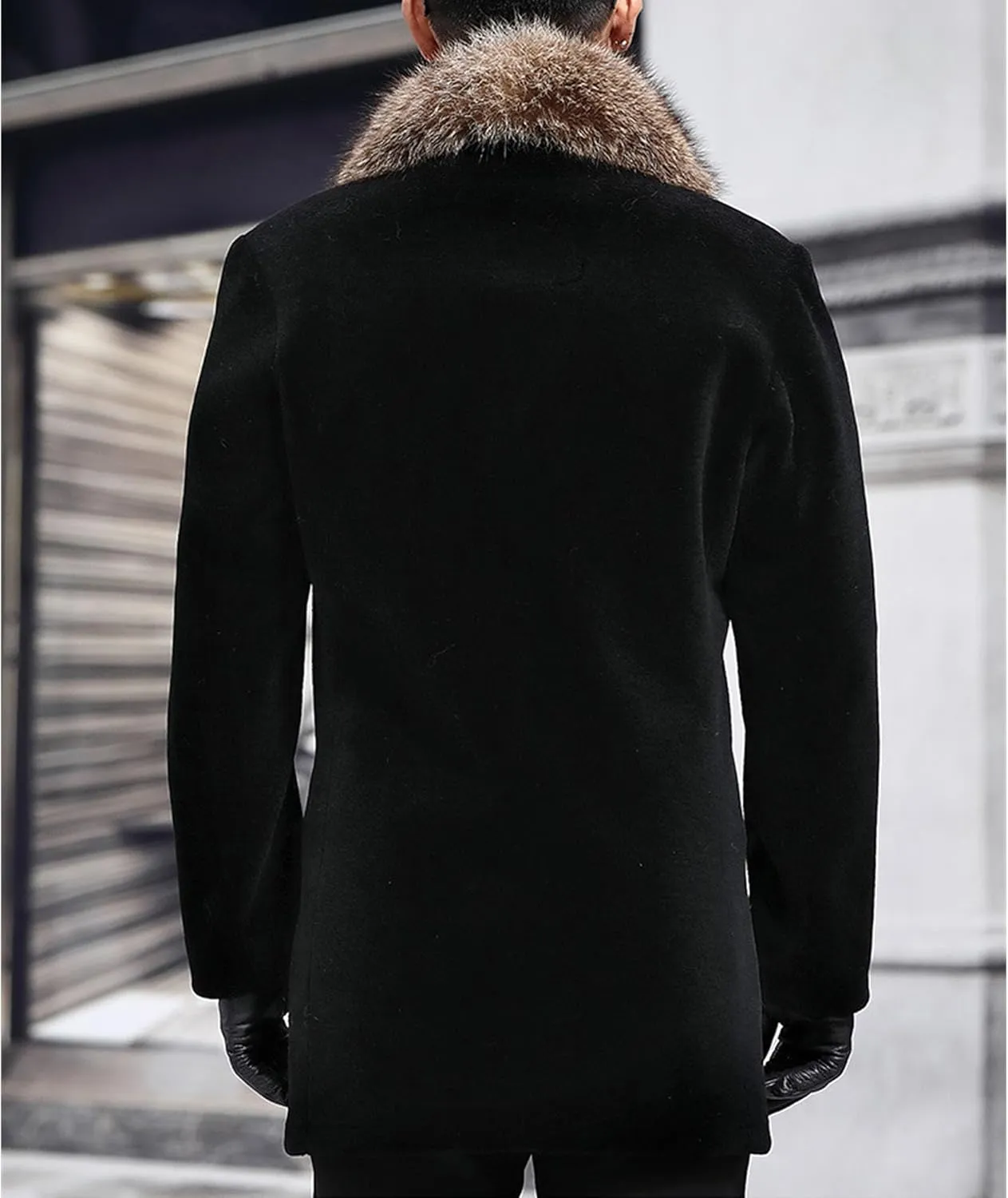 Mens Fur Collar Trench Coat Winter Casual Single Breasted Overcoat Classic Wool Blend Business Peacoat