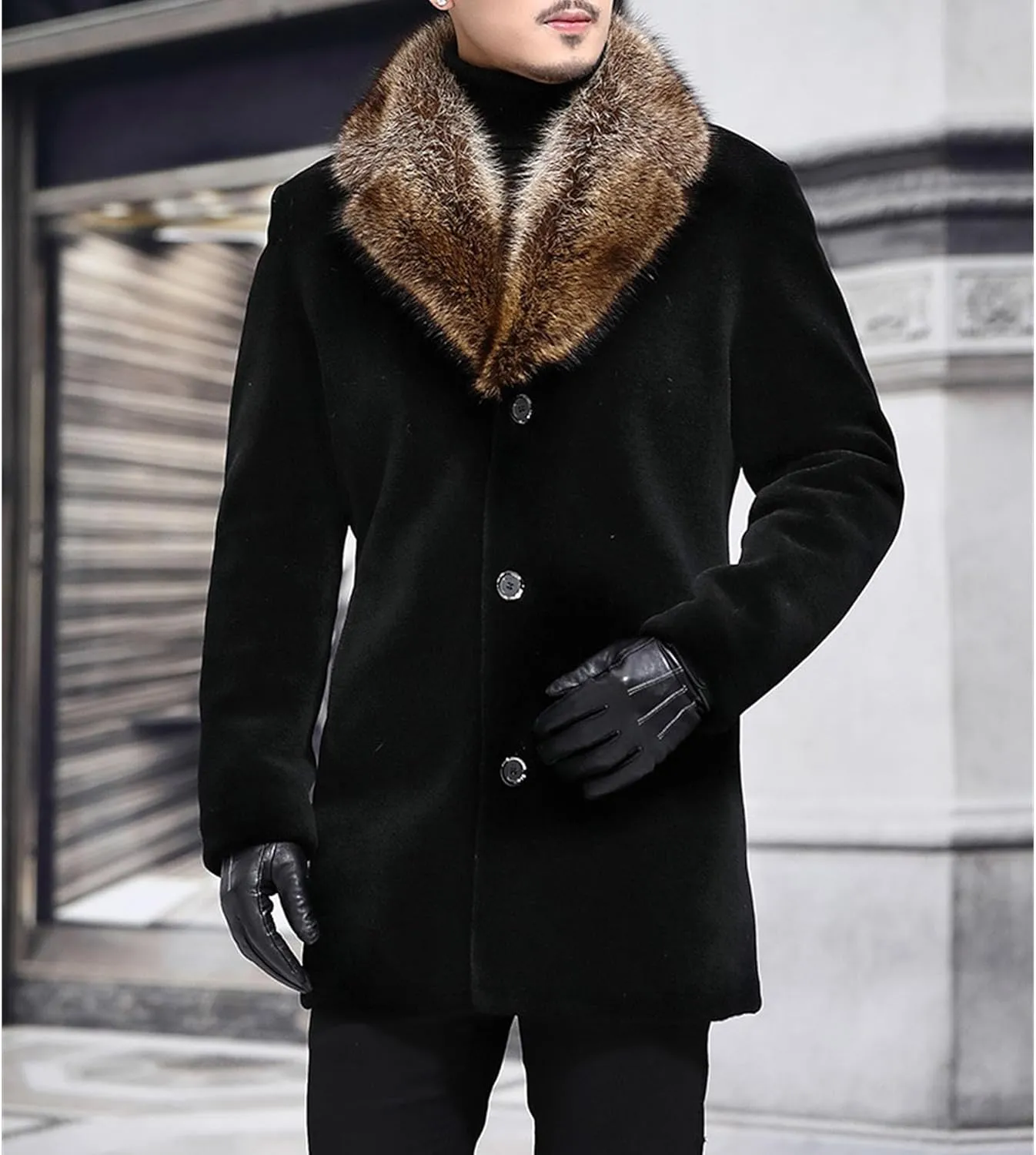 Mens Fur Collar Trench Coat Winter Casual Single Breasted Overcoat Classic Wool Blend Business Peacoat