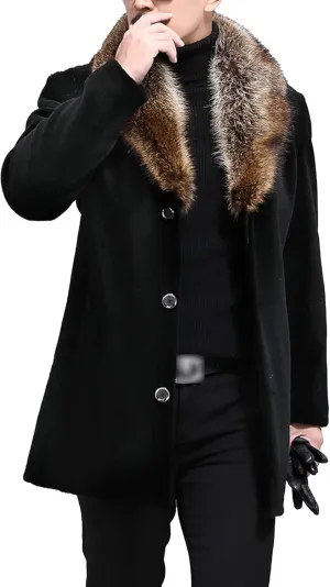 Mens Fur Collar Trench Coat Winter Casual Single Breasted Overcoat Classic Wool Blend Business Peacoat
