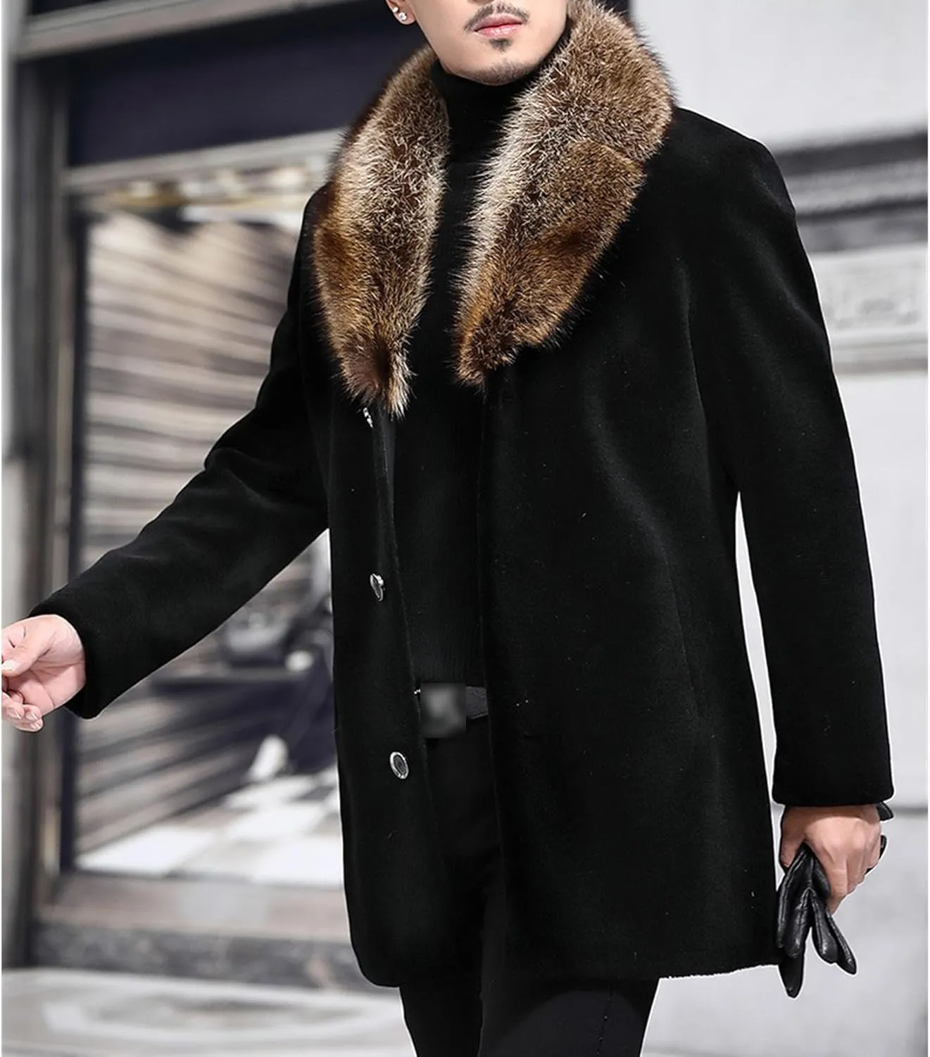 Mens Fur Collar Trench Coat Winter Casual Single Breasted Overcoat Classic Wool Blend Business Peacoat