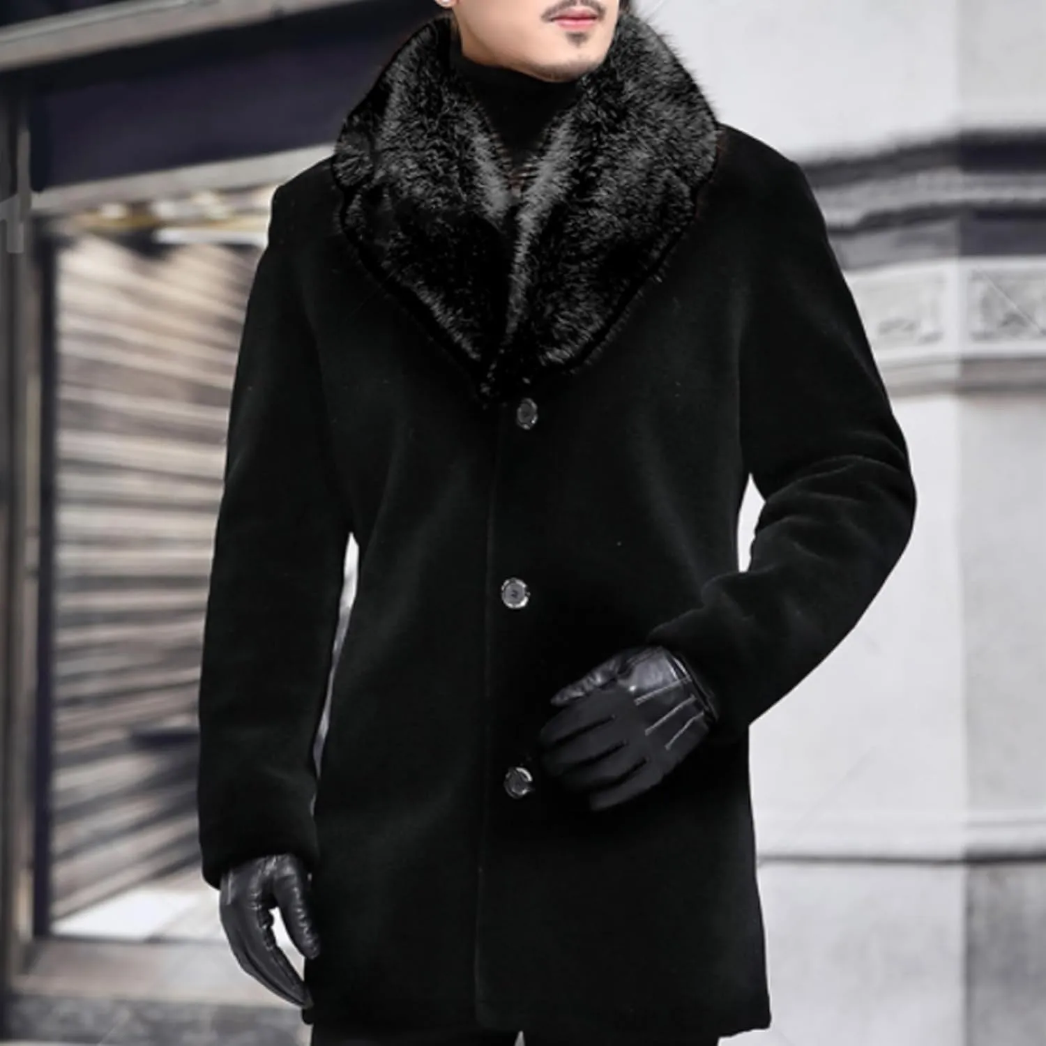 Mens Fur Collar Trench Coat Winter Casual Single Breasted Overcoat Classic Wool Blend Business Peacoat