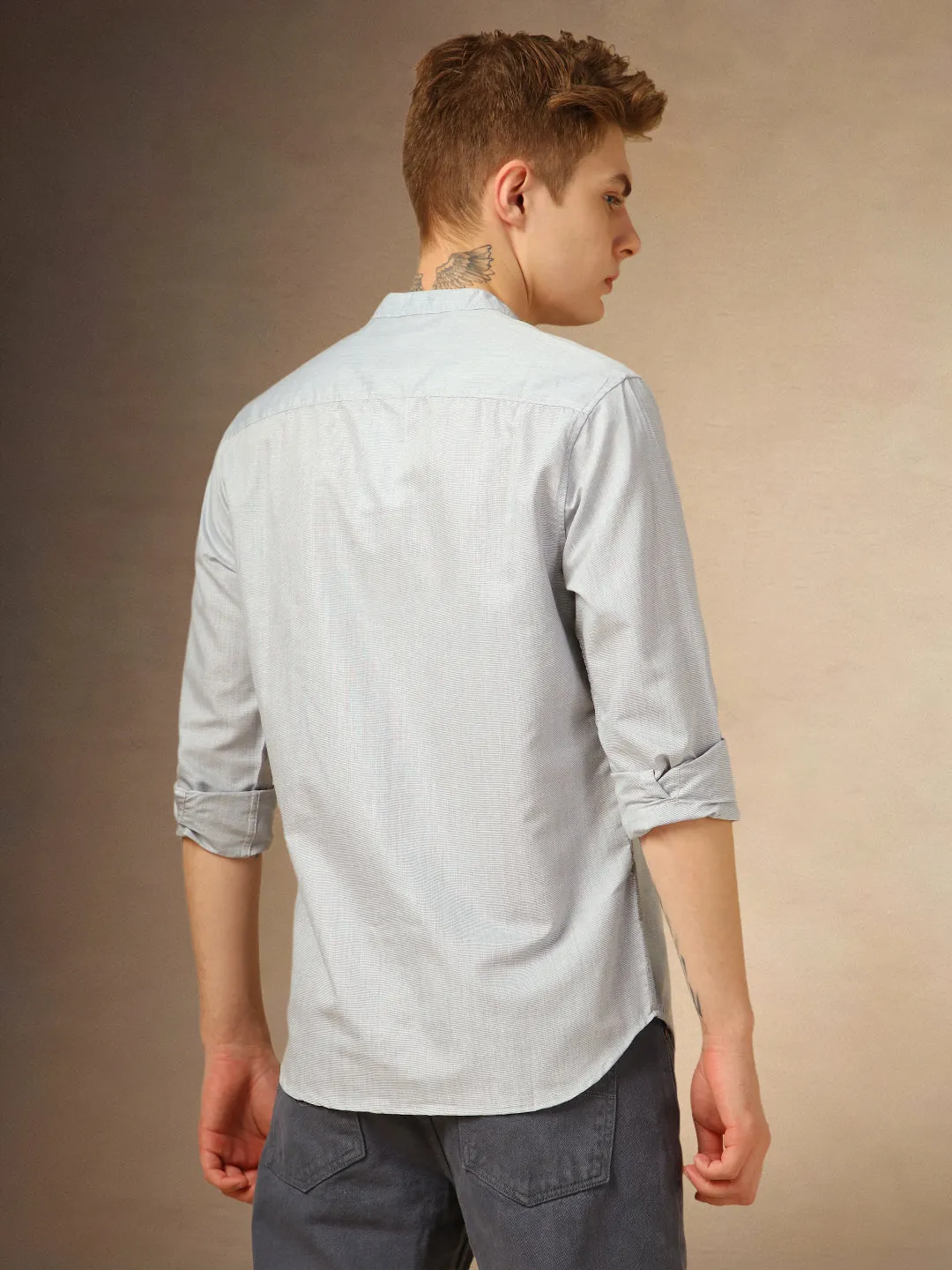 Men's Grey Solid Mandarin Collar Full Sleeves Shirt