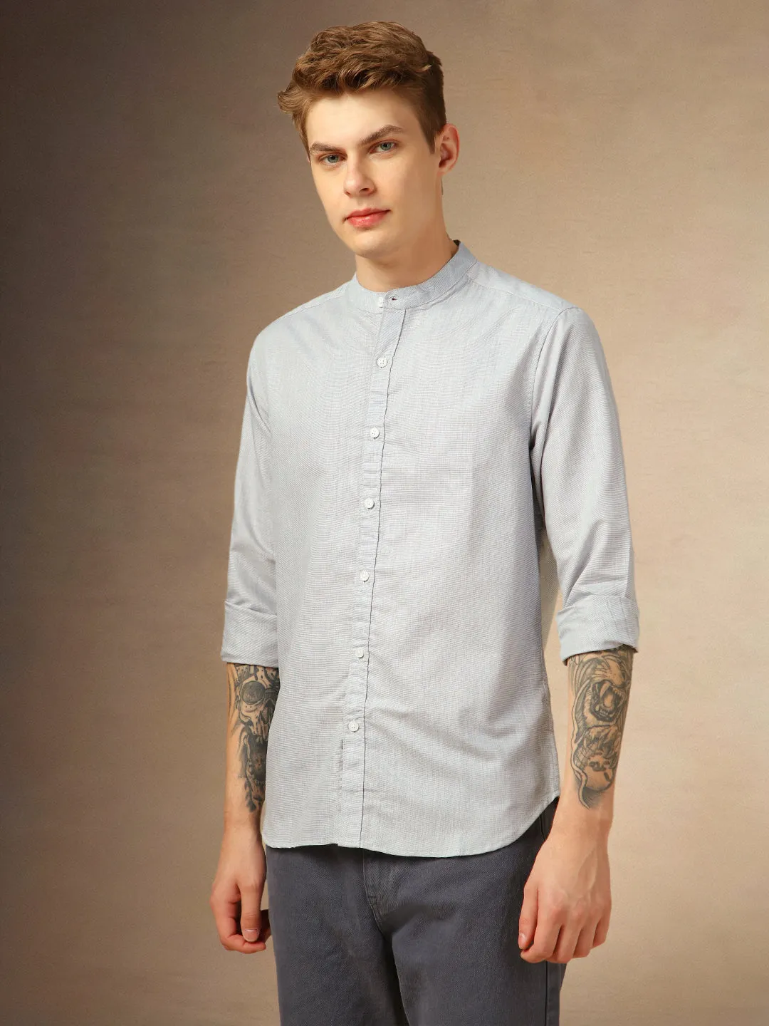 Men's Grey Solid Mandarin Collar Full Sleeves Shirt
