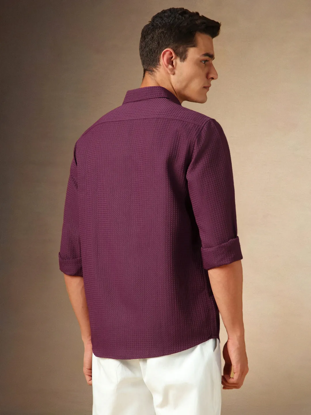 Men's Maroon Textured Spread Collar Full Sleeves Casual Shirt