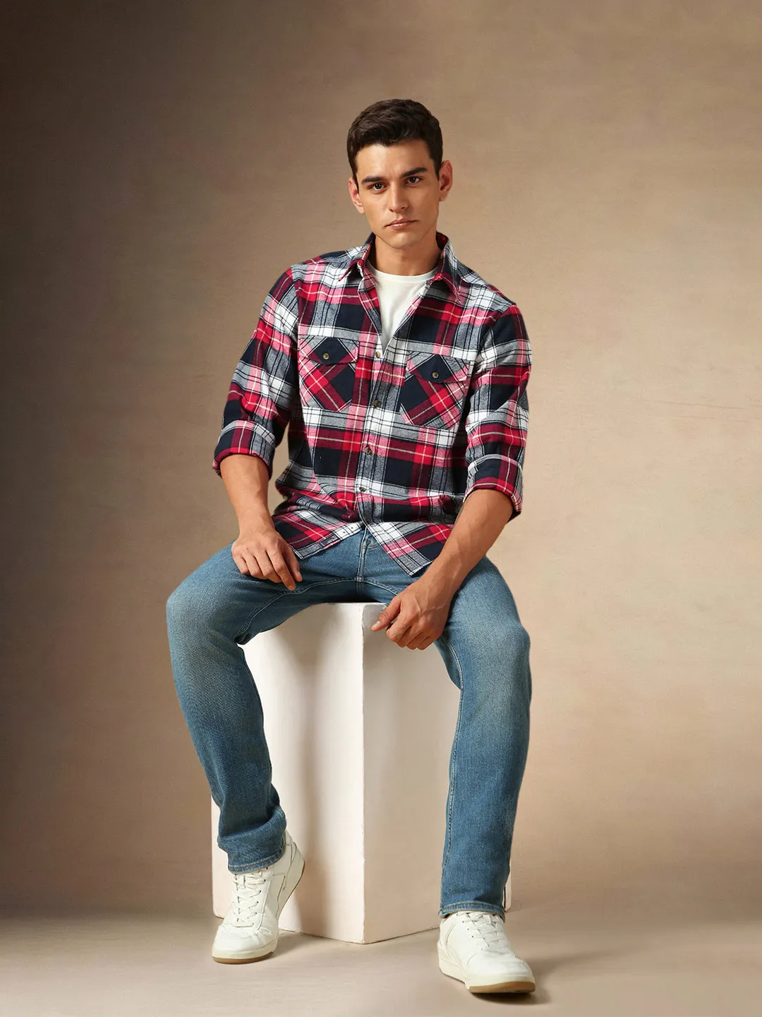 Men's Navy tartan Checks Spread Collar Full Sleeves Casual Flannel Shirt