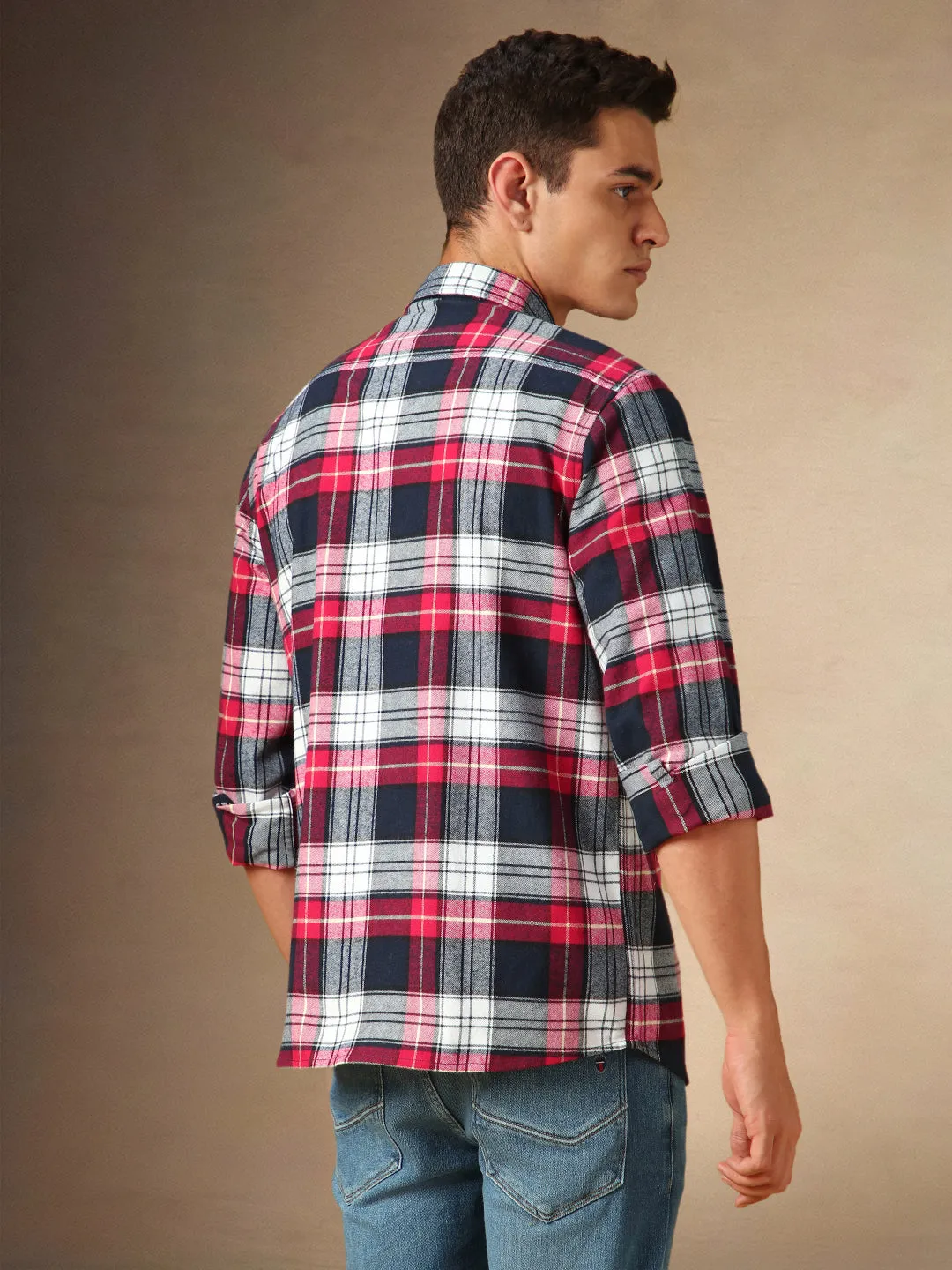 Men's Navy tartan Checks Spread Collar Full Sleeves Casual Flannel Shirt