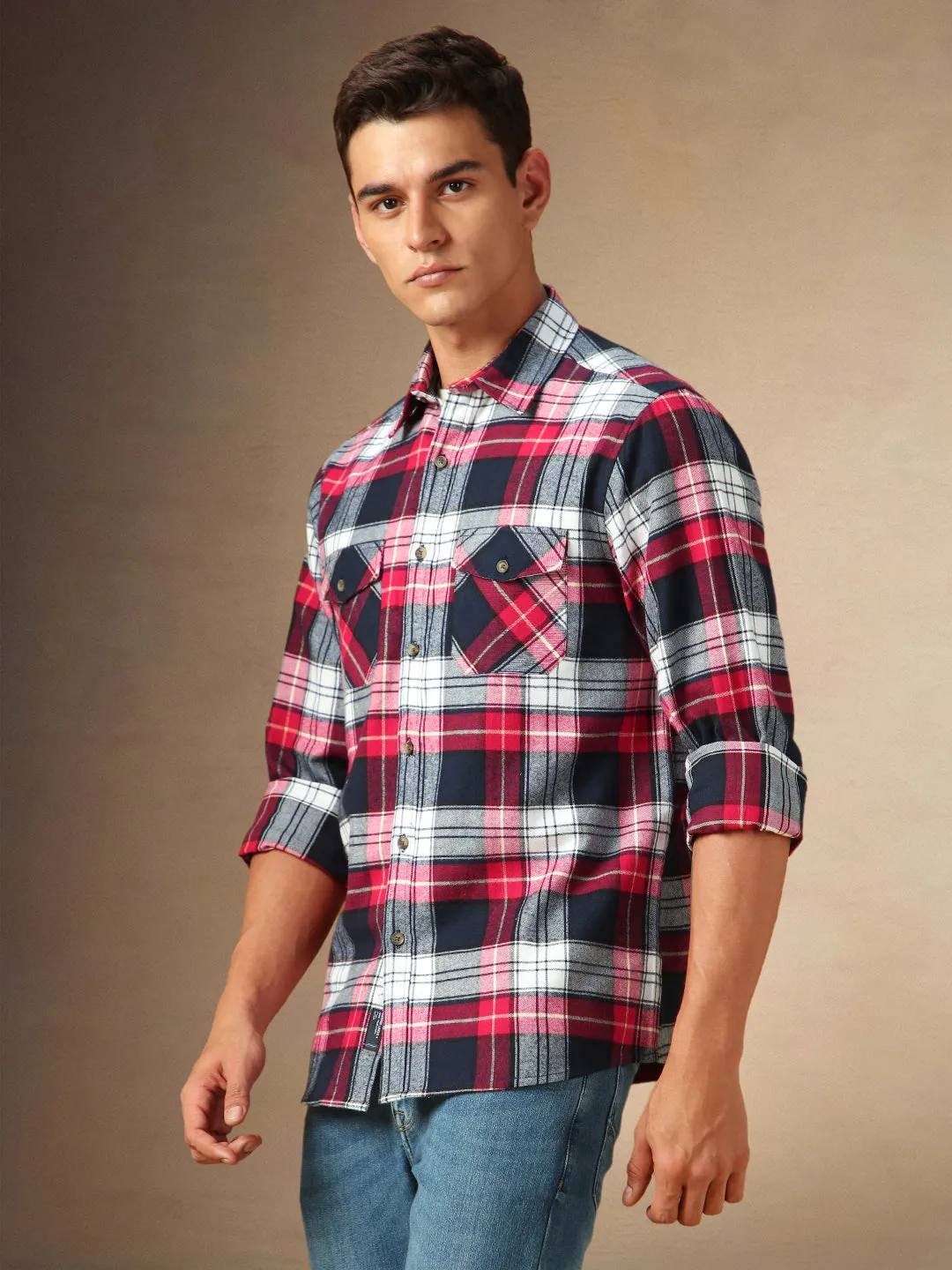 Men's Navy tartan Checks Spread Collar Full Sleeves Casual Flannel Shirt