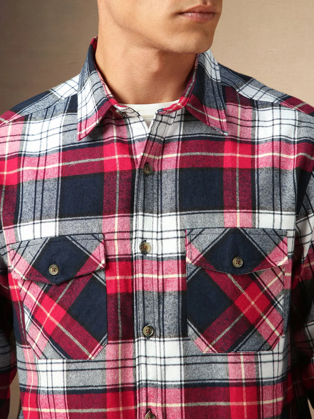 Men's Navy tartan Checks Spread Collar Full Sleeves Casual Flannel Shirt