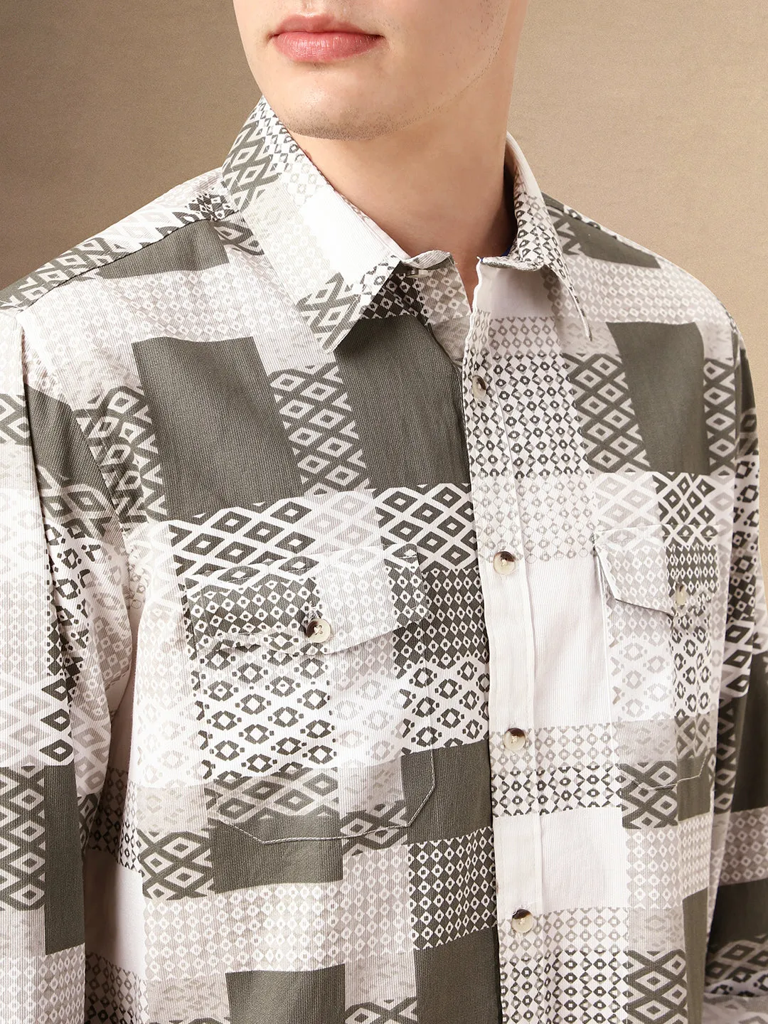 Men's Olive Checks Spread Collar Full Sleeves 100% Cotton Casual Shirt