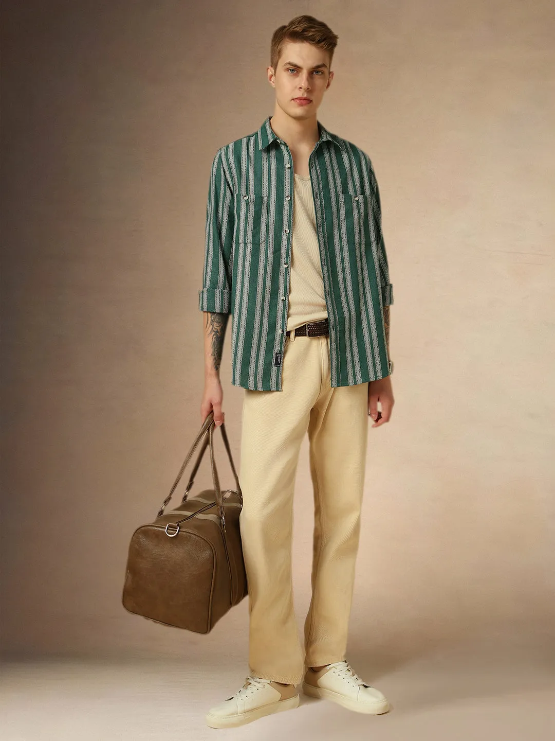 Men's Olive Striped Spread Collar Full Sleeves Relaxed Fit Shirt