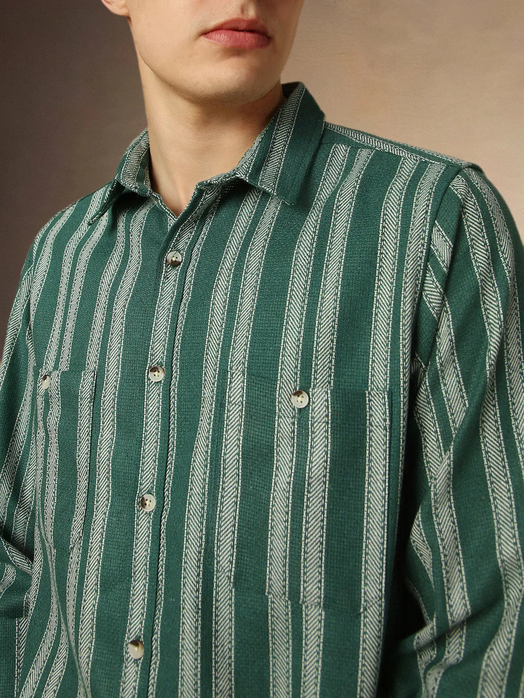 Men's Olive Striped Spread Collar Full Sleeves Relaxed Fit Shirt