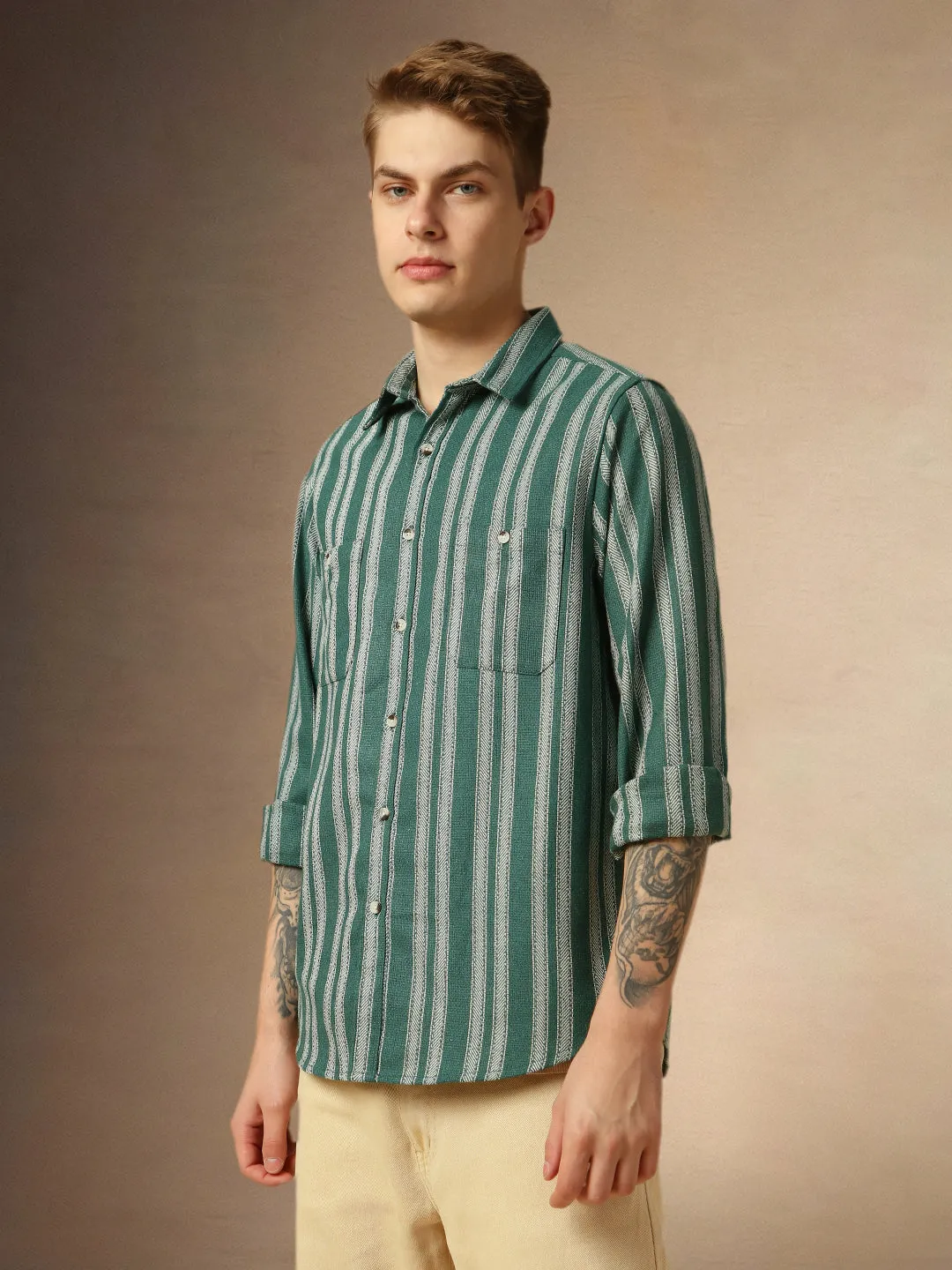 Men's Olive Striped Spread Collar Full Sleeves Relaxed Fit Shirt