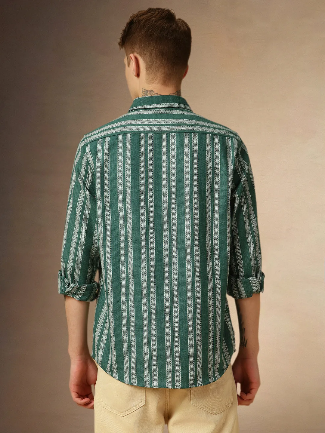 Men's Olive Striped Spread Collar Full Sleeves Relaxed Fit Shirt