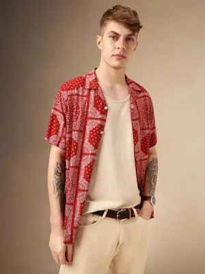Men's Red Printed Cuban Collar Half Sleeves Rayon Casual Shirt