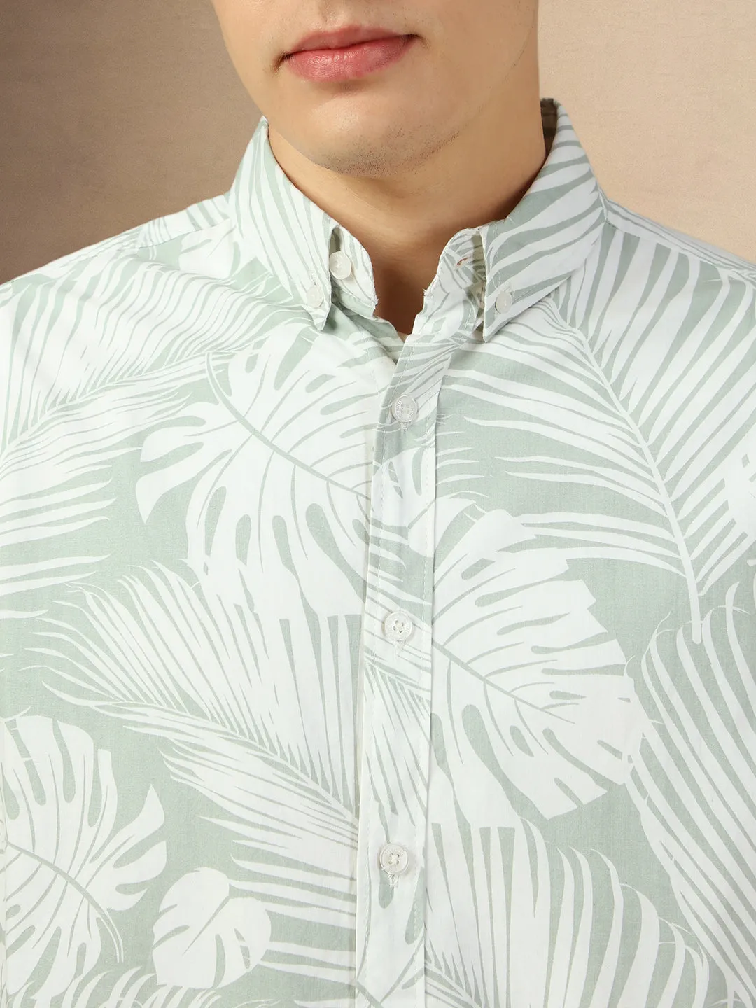 Men's Sage Green Printed Button down Collar Full Sleeves Relaxed Fit Shirt