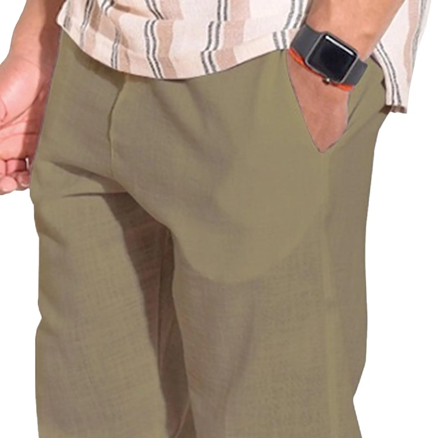Men's Solid Cotton Linen Basic Pants Loose Fit Classic Beach Trousers Elastic Waist Lightweight Summer Pants