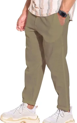 Men's Solid Cotton Linen Basic Pants Loose Fit Classic Beach Trousers Elastic Waist Lightweight Summer Pants