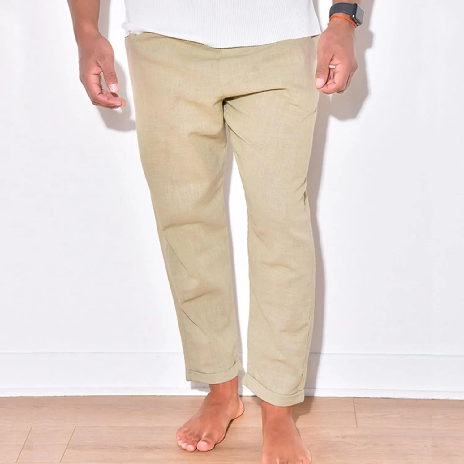 Men's Solid Cotton Linen Basic Pants Loose Fit Classic Beach Trousers Elastic Waist Lightweight Summer Pants