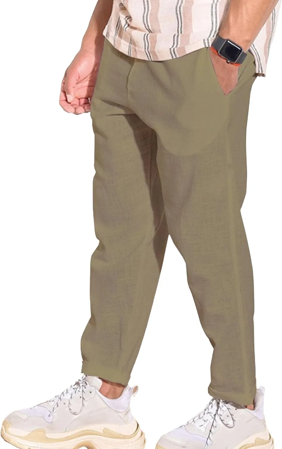 Men's Solid Cotton Linen Basic Pants Loose Fit Classic Beach Trousers Elastic Waist Lightweight Summer Pants