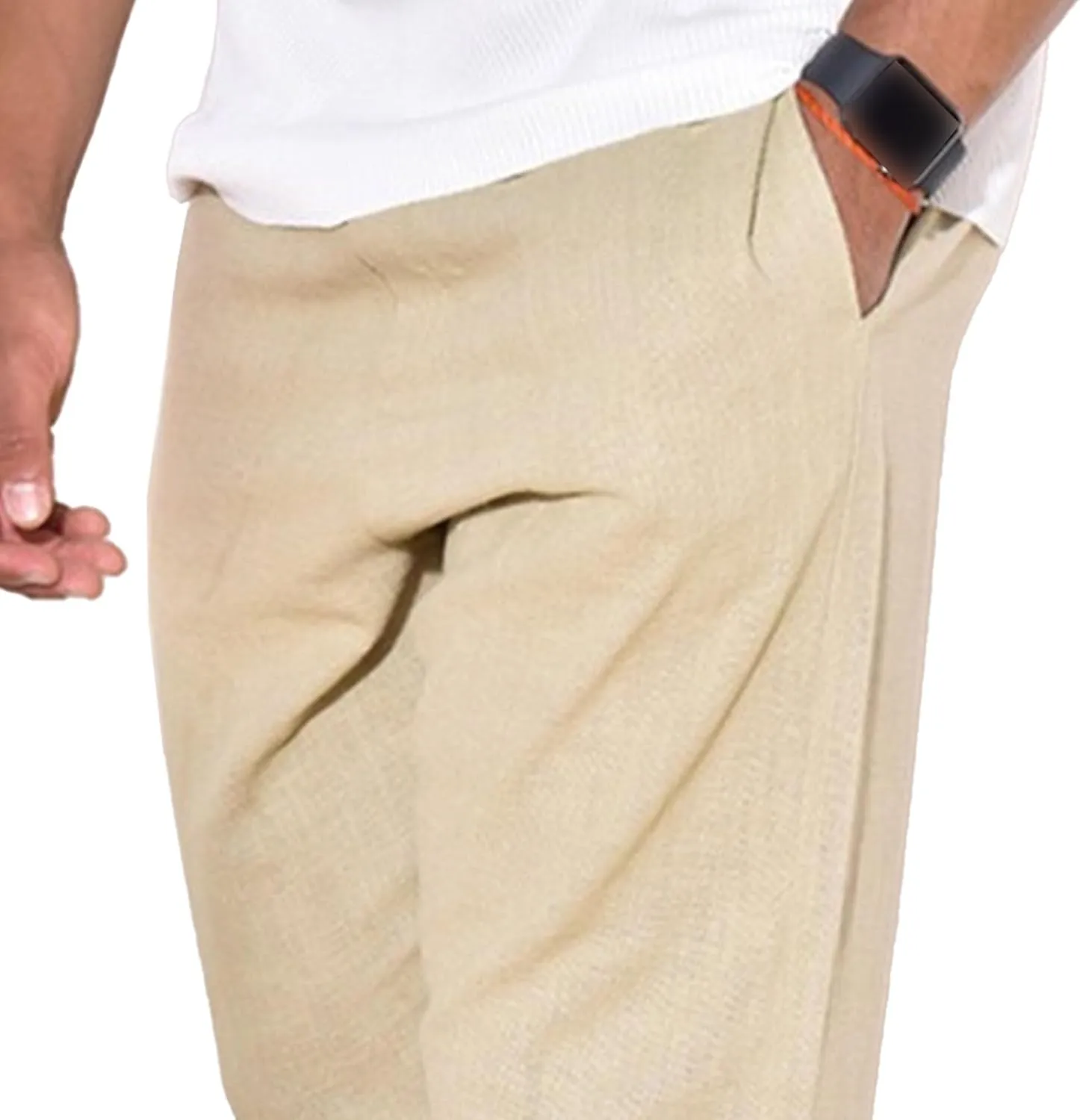 Men's Solid Cotton Linen Basic Pants Loose Fit Classic Beach Trousers Elastic Waist Lightweight Summer Pants