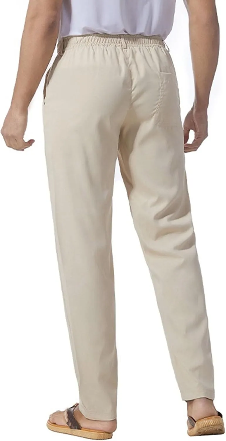 Men's Stretch Loose Fit Yoga Pants Comfort Classic Summer Trousers Cotton Linen Straight Leg Hiking Pants
