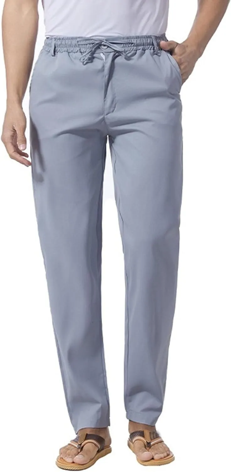 Men's Stretch Loose Fit Yoga Pants Comfort Classic Summer Trousers Cotton Linen Straight Leg Hiking Pants