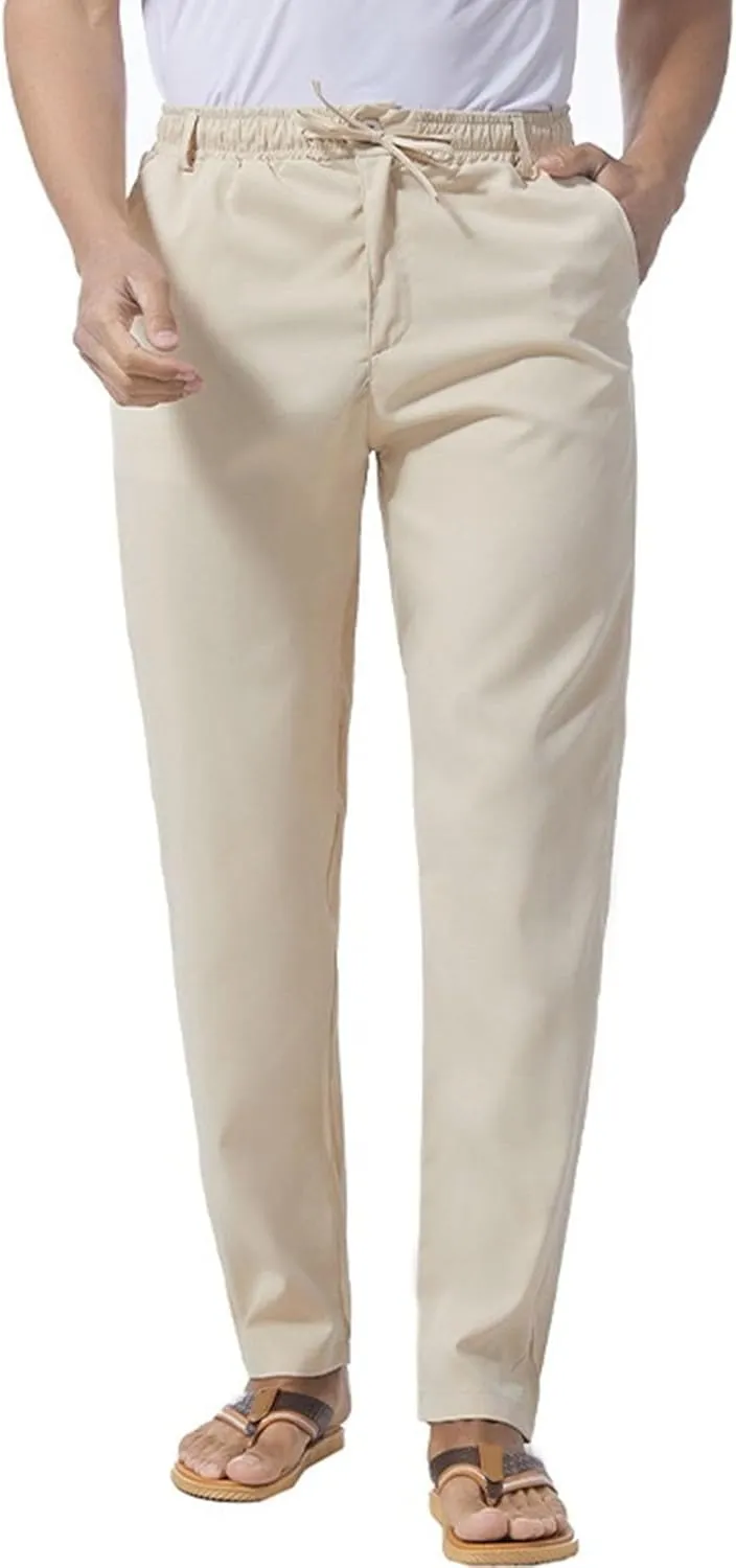 Men's Stretch Loose Fit Yoga Pants Comfort Classic Summer Trousers Cotton Linen Straight Leg Hiking Pants