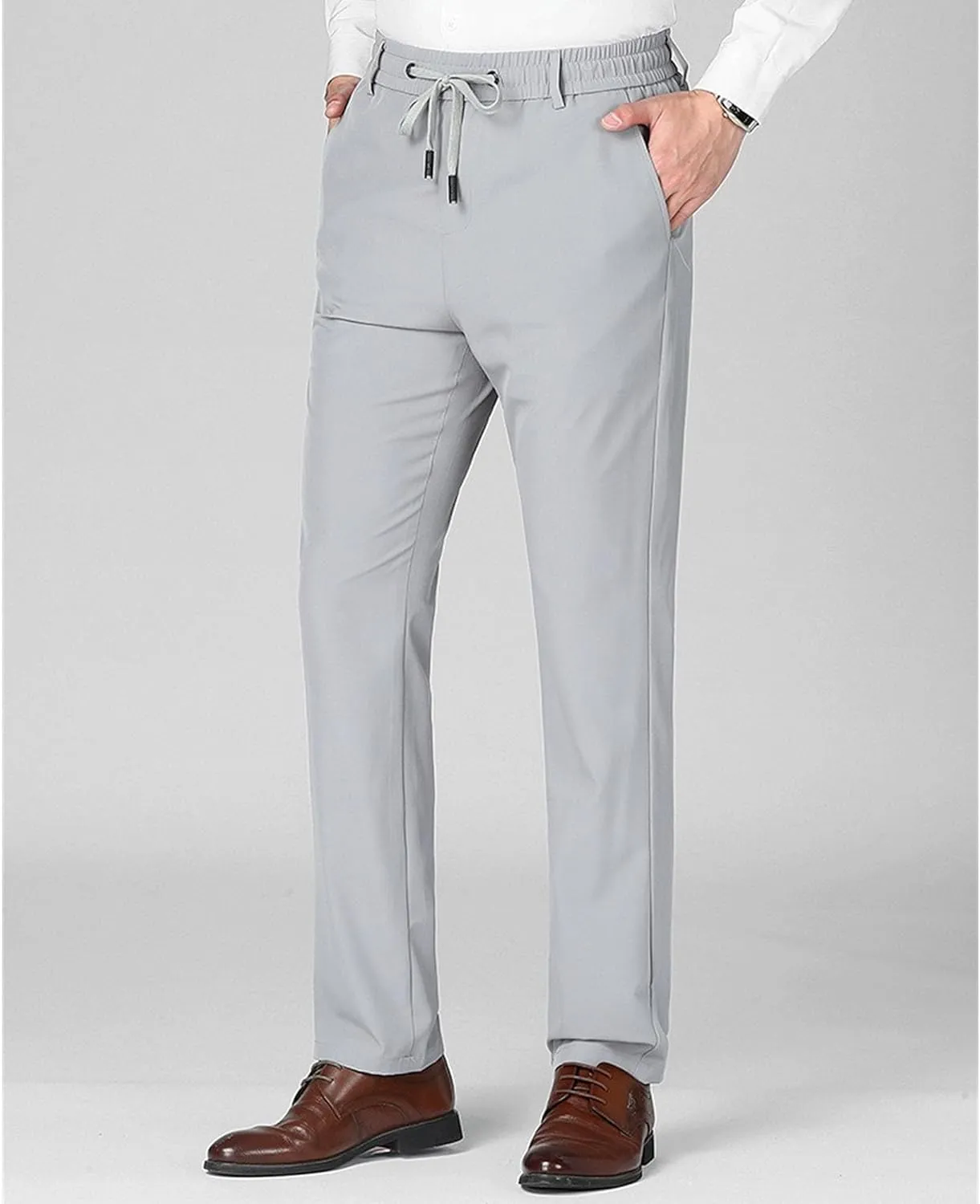Men's Stretch Straight Leg Classic Pants Quick Dry Drawstring Summer Trousers Casual Solid Regular Fit Pants