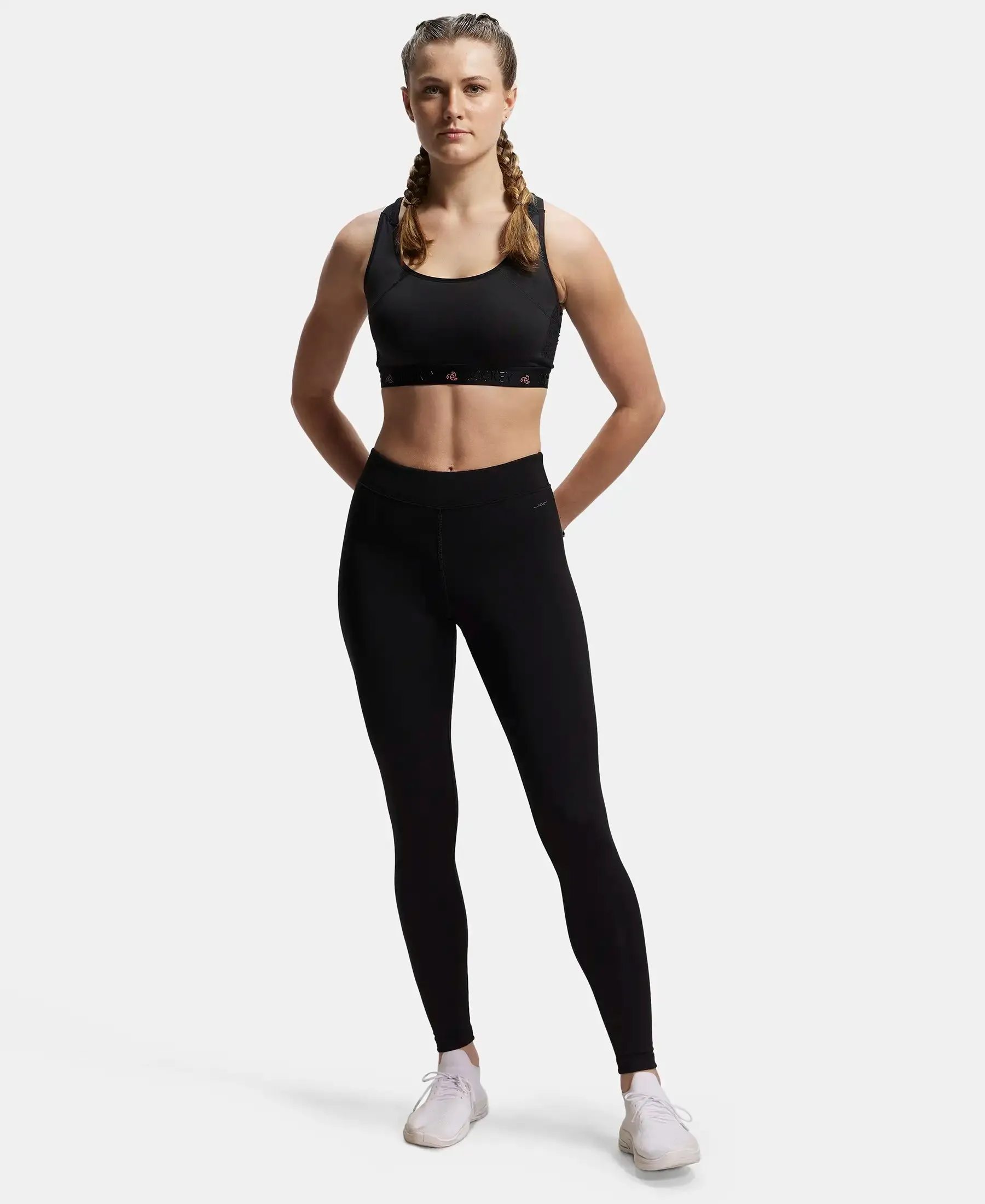 Microfiber Elastane Stretch Performance Leggings with Broad Waistband - Black