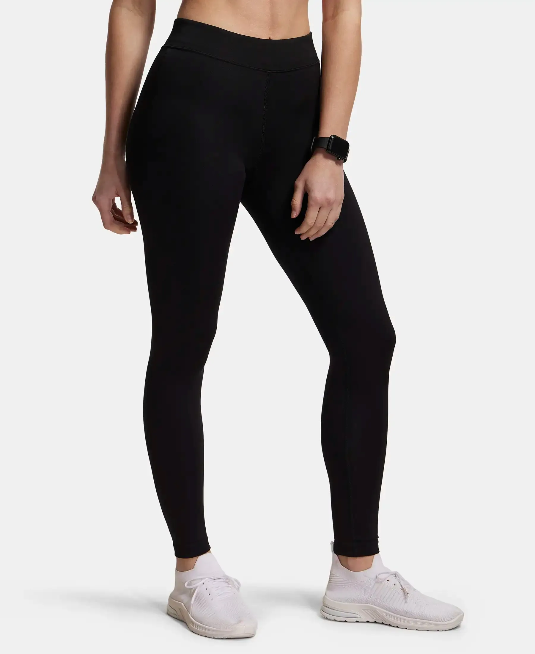 Microfiber Elastane Stretch Performance Leggings with Broad Waistband - Black