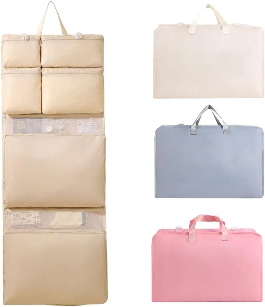 Multi-functional Compartment Travel Organizer,Space Saving Hanging Garment Bag for Clothes Bra Underwear Socks,Foldable Storage Bag (Beige, 8 in 1)