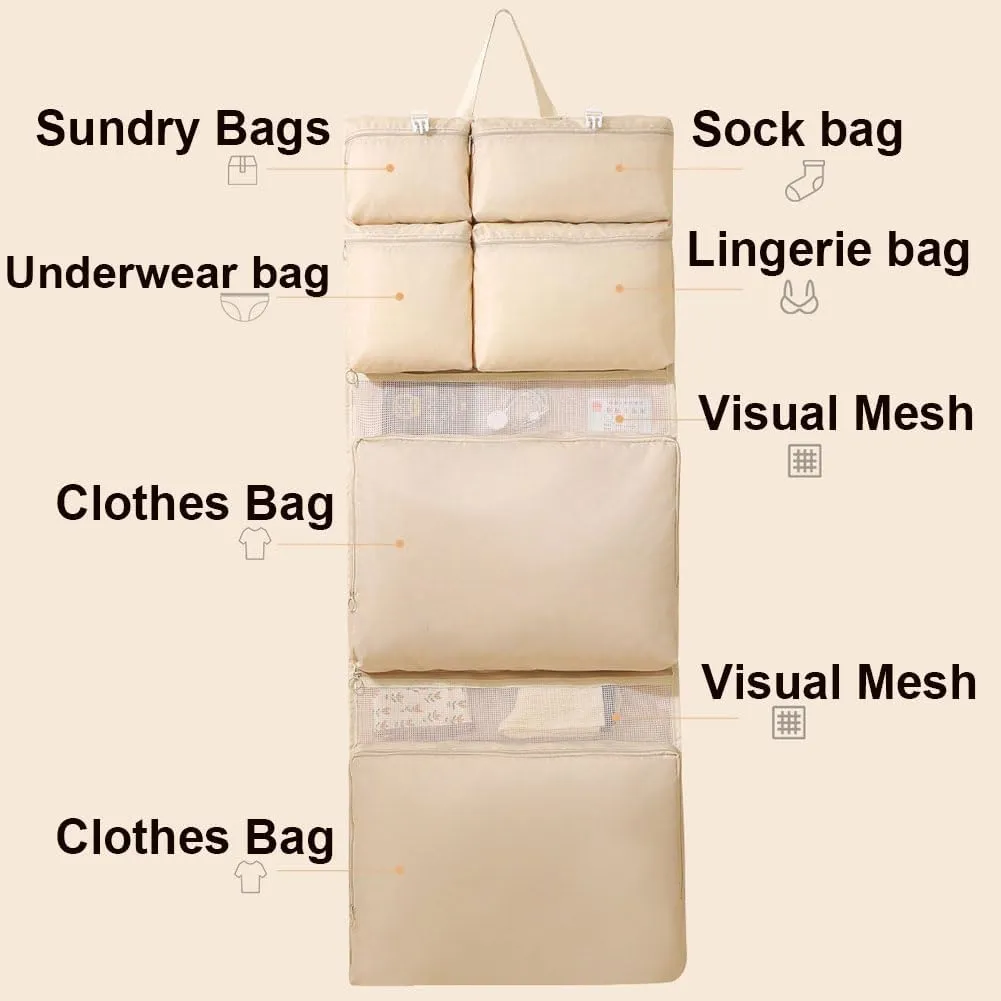 Multi-functional Compartment Travel Organizer,Space Saving Hanging Garment Bag for Clothes Bra Underwear Socks,Foldable Storage Bag (Beige, 8 in 1)
