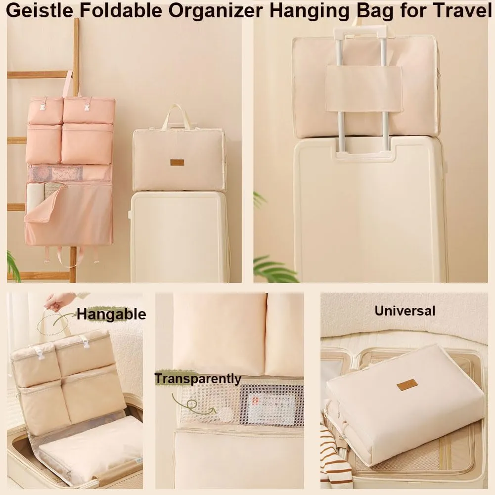 Multi-functional Compartment Travel Organizer,Space Saving Hanging Garment Bag for Clothes Bra Underwear Socks,Foldable Storage Bag (Beige, 8 in 1)