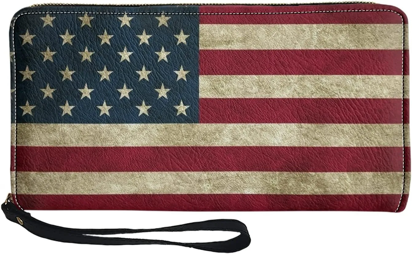 Mumeson Womens Wristlet Long Purse for Travel Shopping America Flag Print Leather Portable Multi-functional Storage Bags for Credit Cards Cash Coin Multi-Card Slot PU Wallet