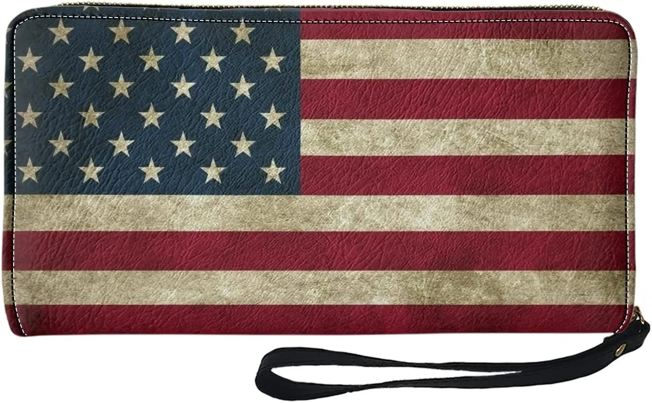 Mumeson Womens Wristlet Long Purse for Travel Shopping America Flag Print Leather Portable Multi-functional Storage Bags for Credit Cards Cash Coin Multi-Card Slot PU Wallet