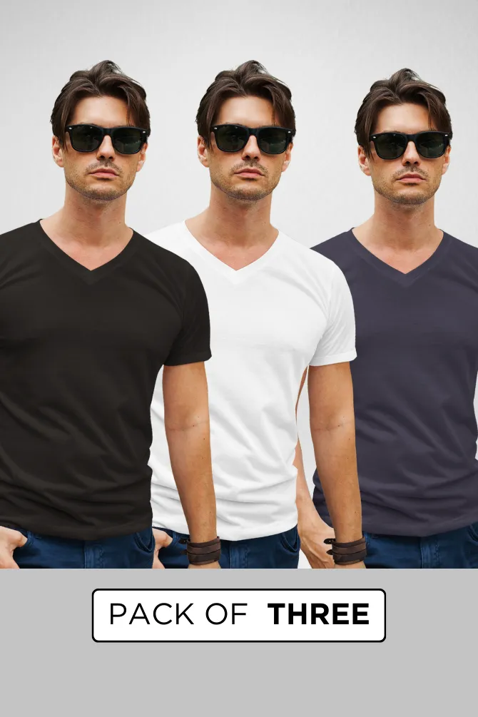 Pack Of 3 V Neck T-Shirts White Black and Navy Blue for Men