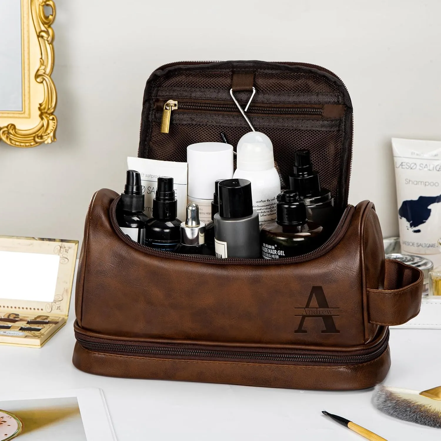 Personalized Travel Toiletry Bag for Men, Large Water-resistant Shaving Bag, PU Leather Dopp Kit, Multi-functional and Stylish, Customized Gift for Groomsmen, Anniversary, Birthday