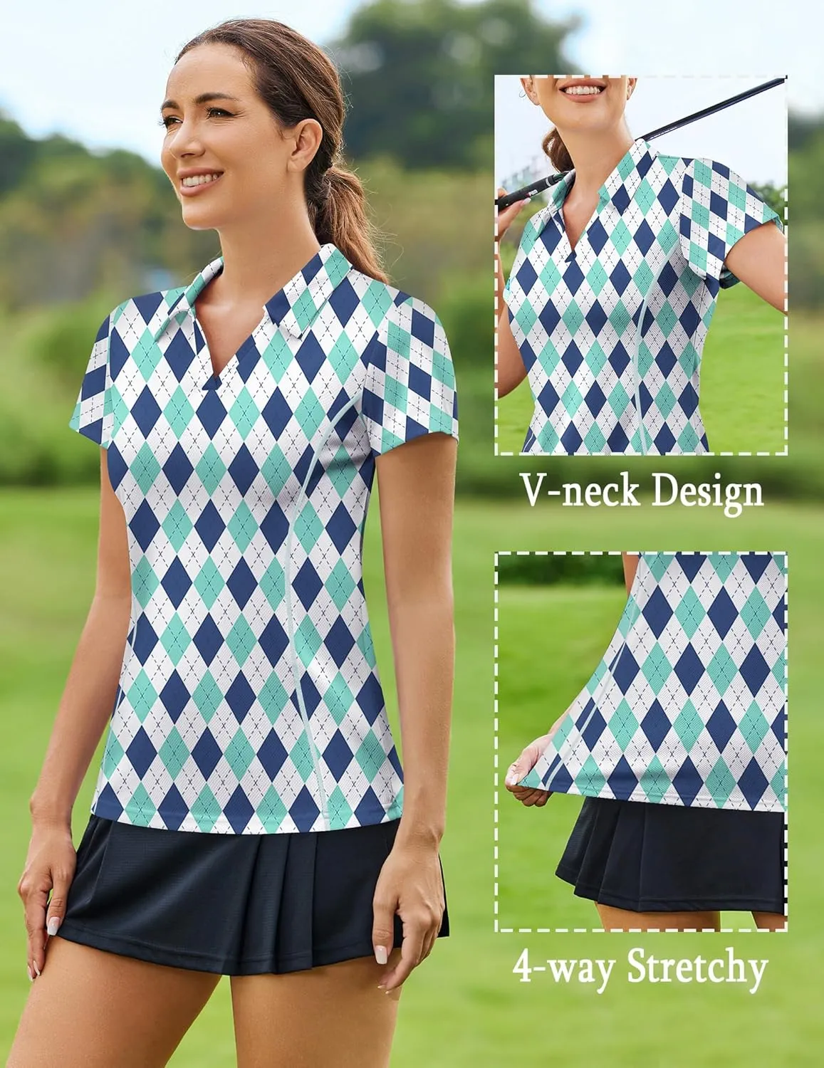 PINSPARK Womens Golf Shirt Short Sleeve Polo Shirts Quick Dry Tennis Tops V-Neck with Collar Pickleball Shirts Golf Outfits