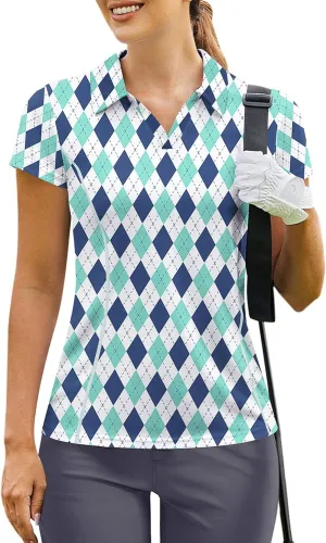 PINSPARK Womens Golf Shirt Short Sleeve Polo Shirts Quick Dry Tennis Tops V-Neck with Collar Pickleball Shirts Golf Outfits