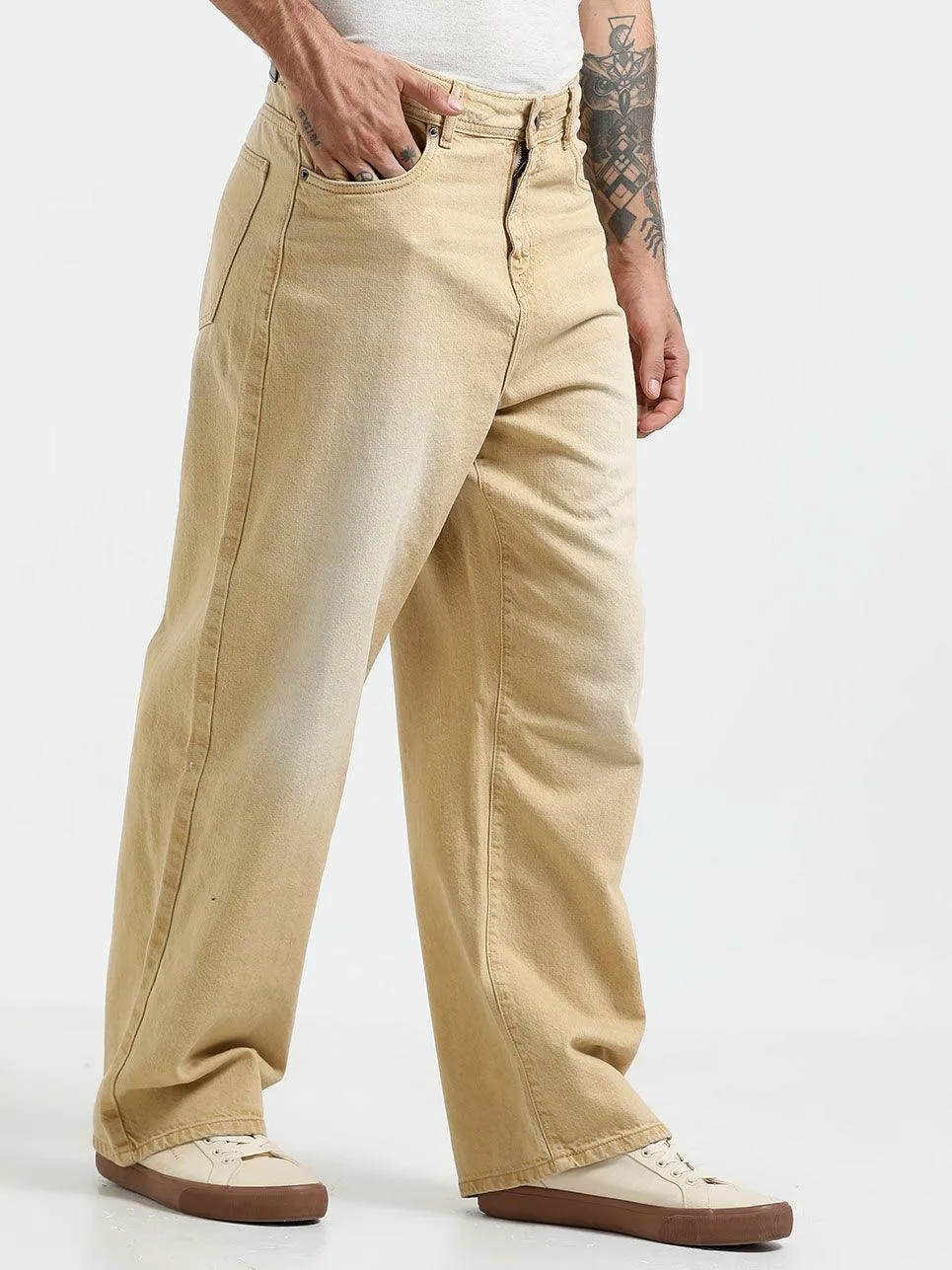 Rattled Loose Fit Jeans - Sand Brown