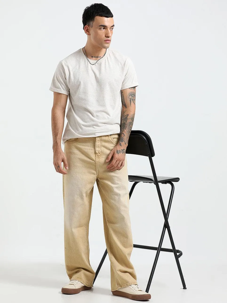 Rattled Loose Fit Jeans - Sand Brown