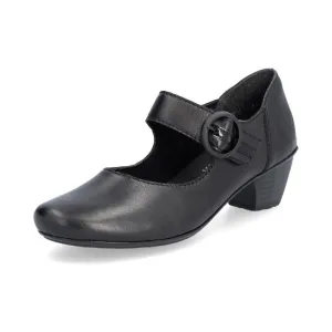 Rieker Ladies Shoe 41756 Low Heeled Court shoe with touch fastening Bar  BLACK 41756-00